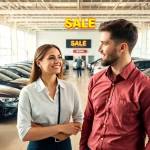 Buy a car at a professional dealership showcasing multiple vehicles and a friendly salesperson.