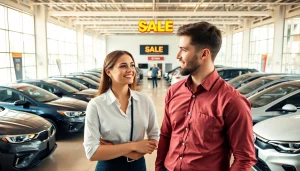 Buy a car at a professional dealership showcasing multiple vehicles and a friendly salesperson.