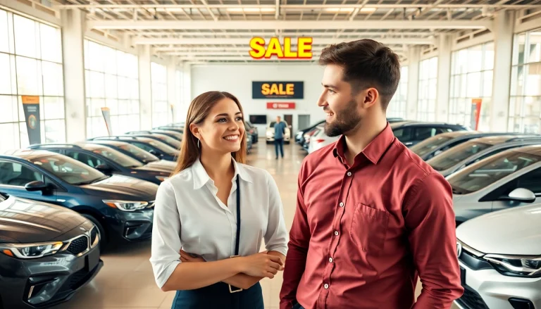 Buy a car at a professional dealership showcasing multiple vehicles and a friendly salesperson.