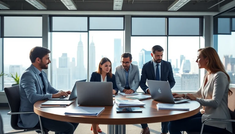 Engaged professionals in New York jobs collaborating in a modern office setting.