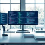 Showcasing an engaging technology workspace with multiple monitors and modern gadgets.