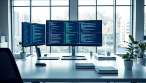 Showcasing an engaging technology workspace with multiple monitors and modern gadgets.