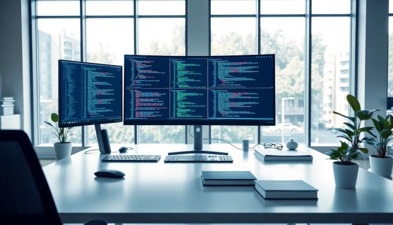 Showcasing an engaging technology workspace with multiple monitors and modern gadgets.