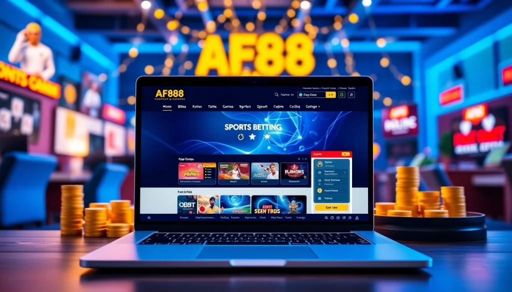 AF88 online betting platform displayed on a laptop, showcasing vibrant games and user-friendly navigation.