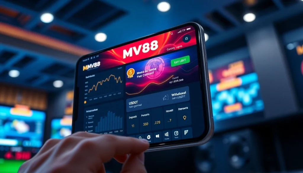 MV88 online gambling app interface highlighting secure USDT transactions and promotions.