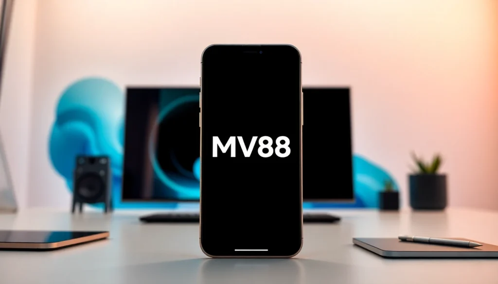 MV88 app interface on a smartphone in a modern workspace.