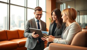 Engaging real estate agent showcasing properties on a digital tablet in a professional office.