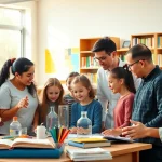 Engaging Education scene showcasing teachers and diverse students in a bright classroom setting.