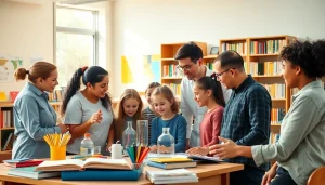 Engaging Education scene showcasing teachers and diverse students in a bright classroom setting.