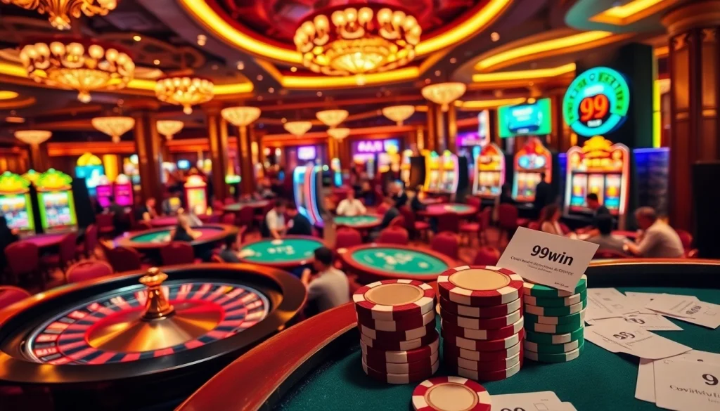 Players enjoying a thrilling casino game experience at 99win, featuring poker tables and slot machines.