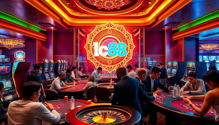 Players enjoying games at lc88 casino, celebrating wins at poker and roulette tables.