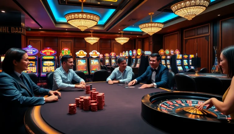 Experience excitement at nohu90 com with a vibrant casino scene featuring a poker table and slot machines.