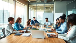 Engaged professionals collaborating on proposal writing and management in a modern office setting.
