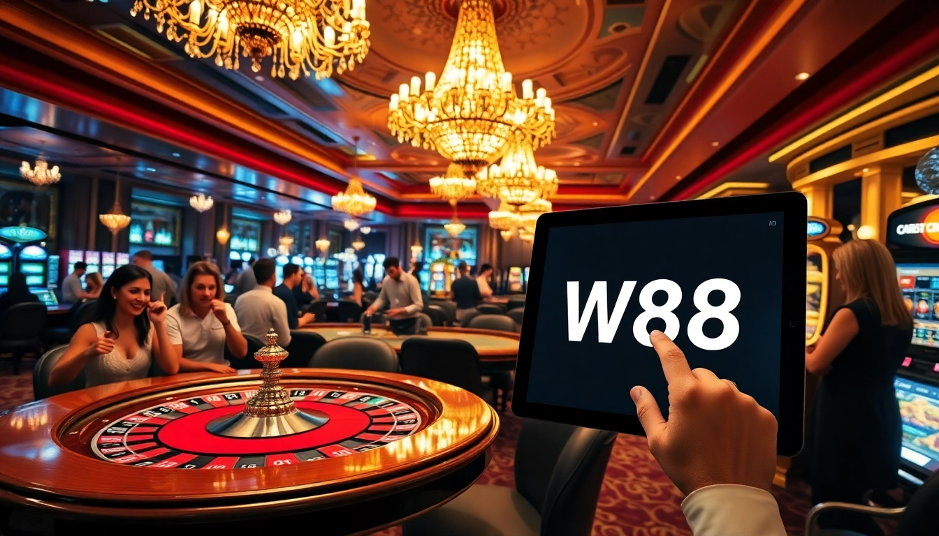 Experience the thrill of the casino with the W88 link showcased on a stylish tablet amidst luxurious gaming tables.