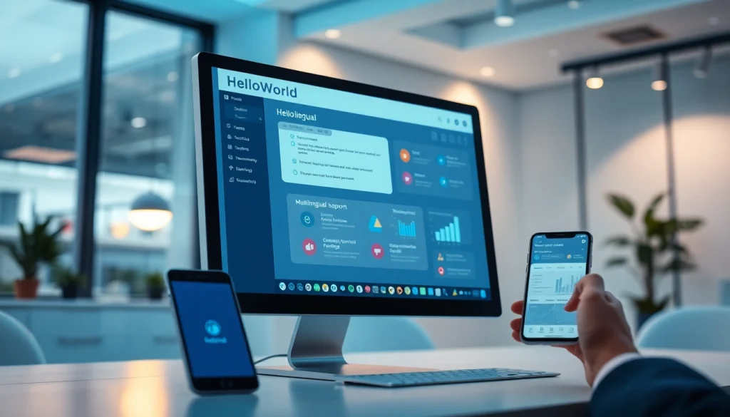 HelloWorld software interface showcasing seamless computer and mobile connectivity with a focus on translation features.