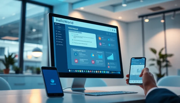 HelloWorld software interface showcasing seamless computer and mobile connectivity with a focus on translation features.