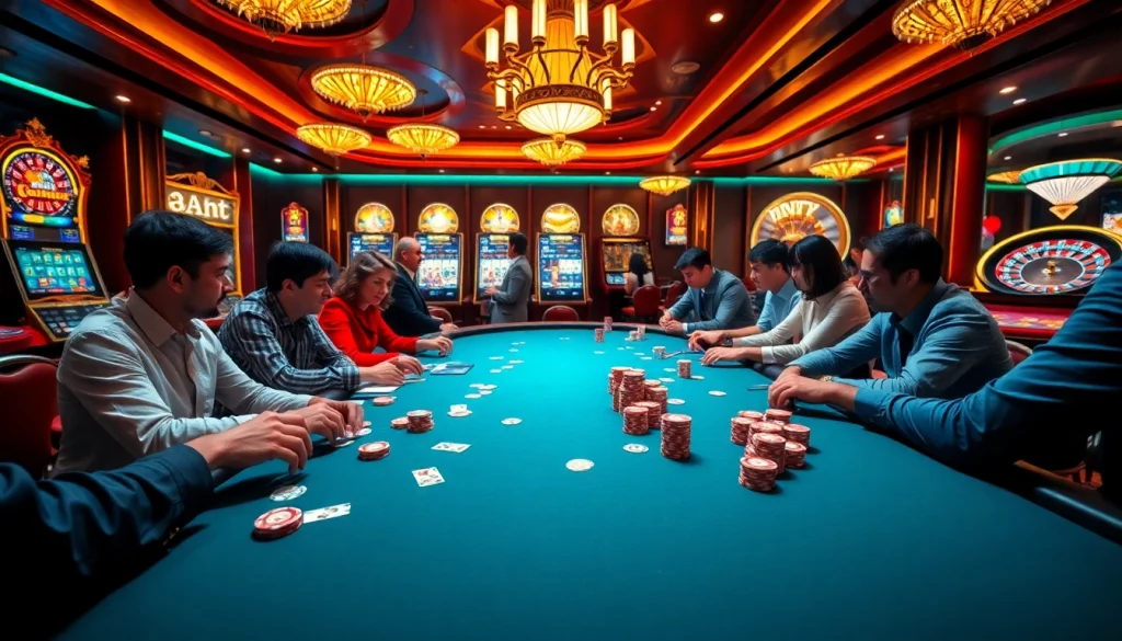 Explore the excitement of giải mã nhà cái with a dynamic casino scene featuring vibrant poker action and luxurious surroundings.