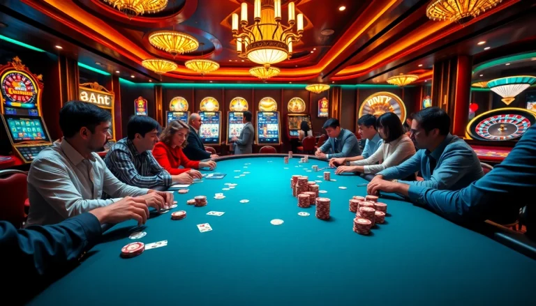 Explore the excitement of giải mã nhà cái with a dynamic casino scene featuring vibrant poker action and luxurious surroundings.