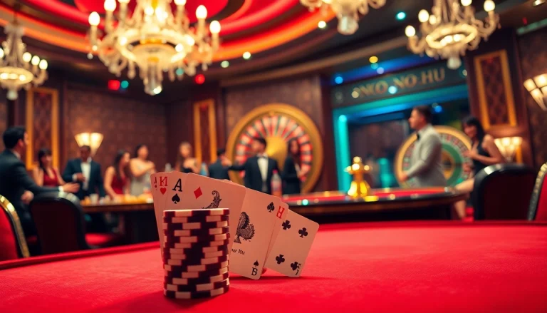 No hu-themed vibrant casino scene featuring luxury poker table, chips, and roulette wheel.