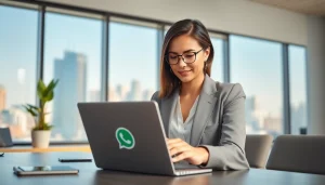 Engaged professional using WhatsApp Business CRM in a modern office setup to manage customer interactions.