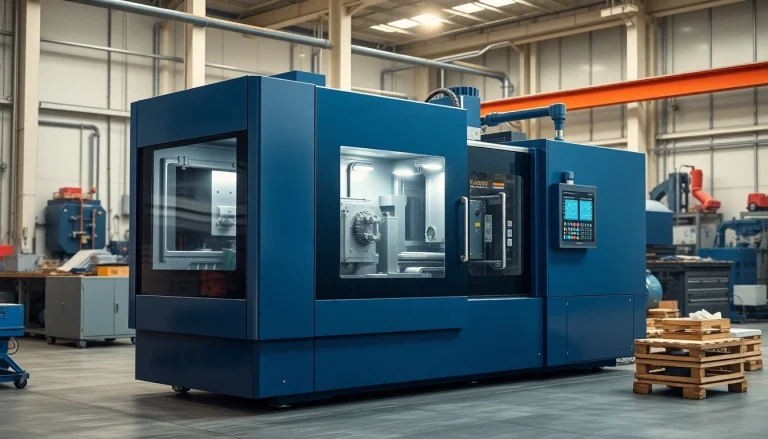 High-tech injection molding machine in an industrial setting showcasing advanced features and precision.