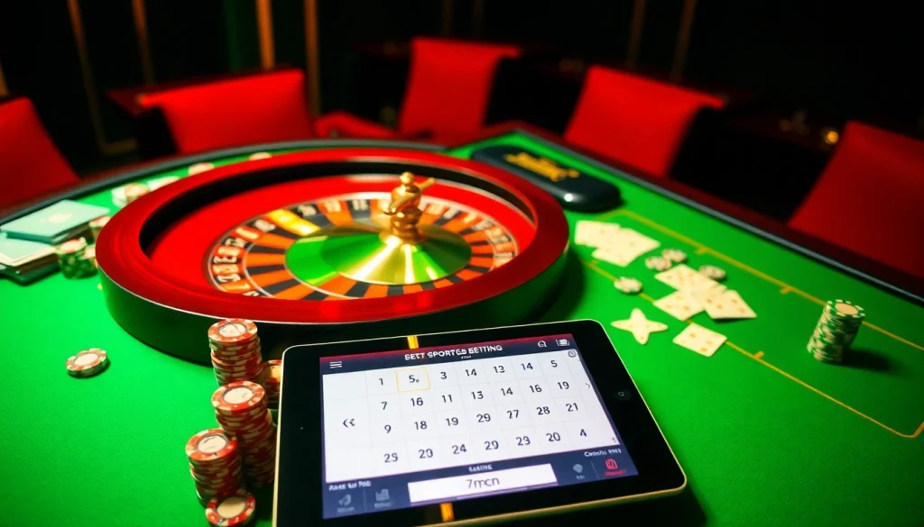 Engaging casino scene showcasing 7mcn online betting with roulette, cards, and exciting gameplay.