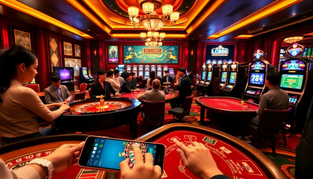 Players enjoying games at a casino while using the lc88 app on their smartphones for enhanced betting.