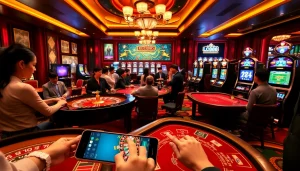 Players enjoying games at a casino while using the lc88 app on their smartphones for enhanced betting.