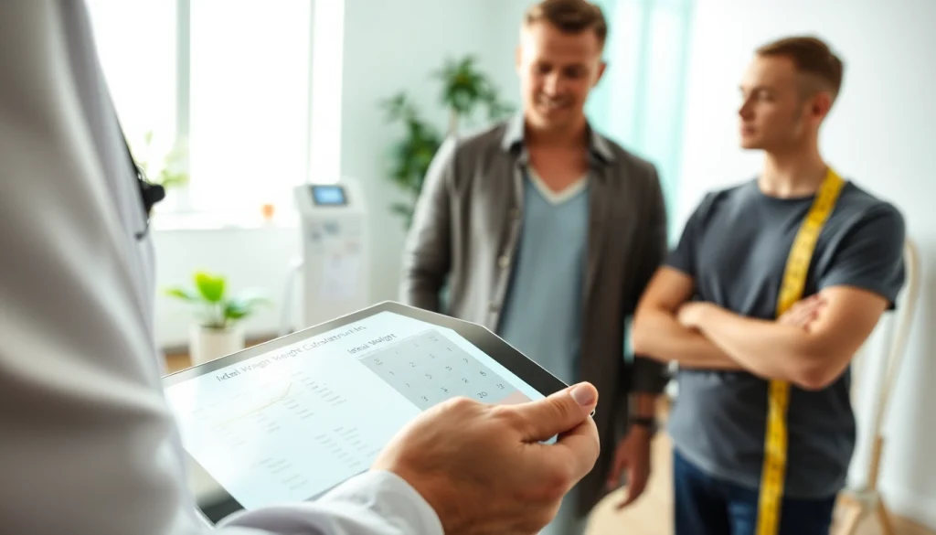 Calculate your ideal weight using a digital ideal weight calculator in a health clinic.