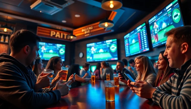 Group enjoying sports betting while using online sportsbooks Georgia in a lively bar setting.