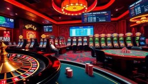 Experience the excitement of Khela88 casino with vibrant slot machines and a roulette wheel.