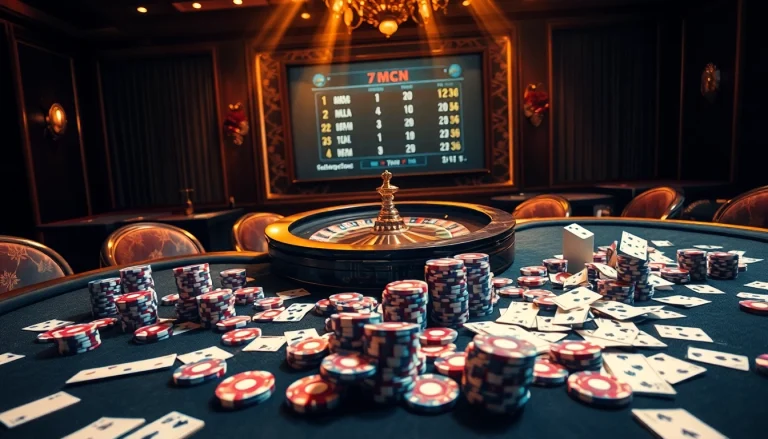 Players enjoying a high-stakes game while viewing 7mcn live scores in a luxurious casino setting.