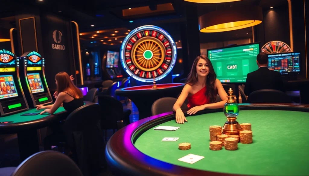 Experience strategic gameplay at the go8 casino with players enjoying poker and vibrant slot machines.