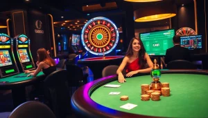 Experience strategic gameplay at the go8 casino with players enjoying poker and vibrant slot machines.
