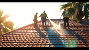 Roof cleaning experts using soft washing techniques to restore a home in Kissimmee, FL.