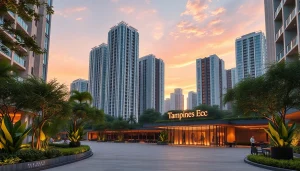 Showcase the stunning tampines ec luxury condominium with lush greenery and modern skyline.