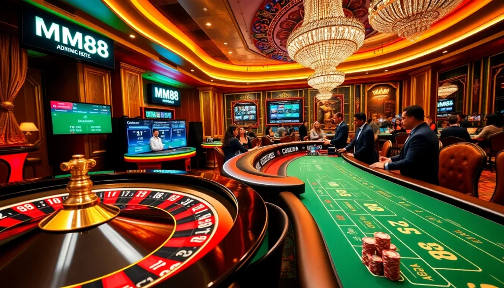 Engaged players at MM88 Casino, showcasing poker chips and roulette wheel action.