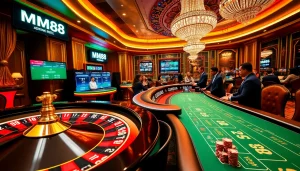 Engaged players at MM88 Casino, showcasing poker chips and roulette wheel action.