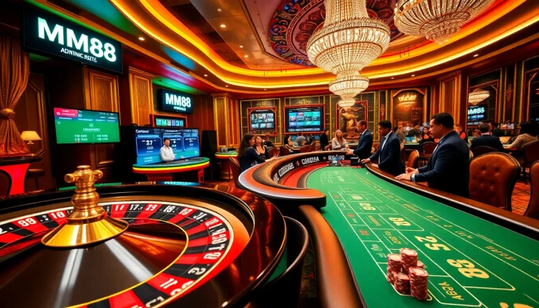 Engaged players at MM88 Casino, showcasing poker chips and roulette wheel action.