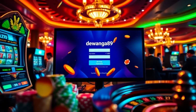 Halaman login Dewanaga89 disorot dalam adegan kasino animasi dengan mesin slot yang berwarna-warni dan keping poker.