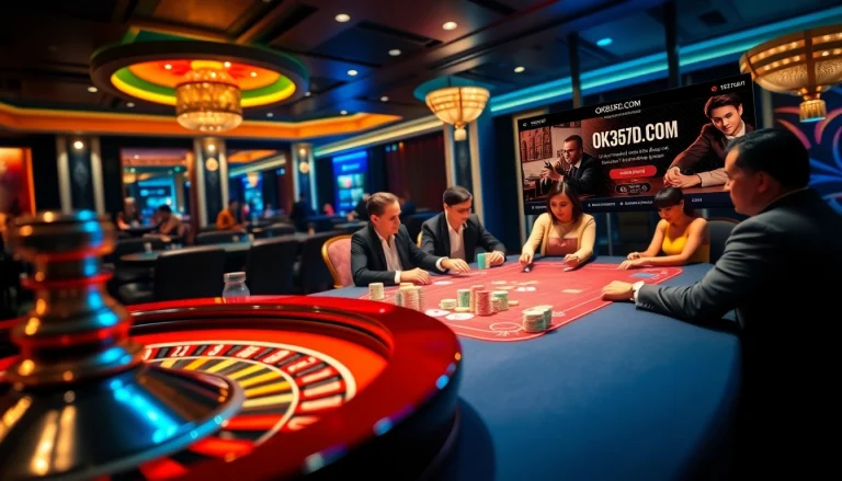 Players engaging in high-stakes poker at OK365KD.COM with vibrant casino elements.