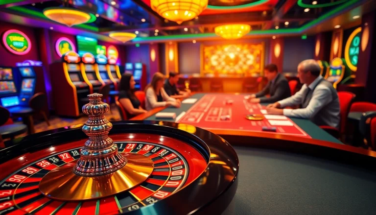 Experience the thrill of playing at tg88.com with a vibrant casino scene showcasing poker, roulette, and colorful chips.
