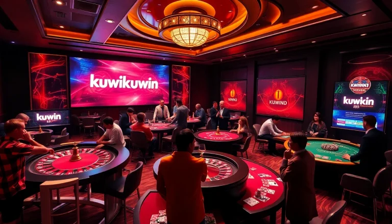 Playing games at a vibrant kuwin online casino with roulette and poker tables, excitement in the air.