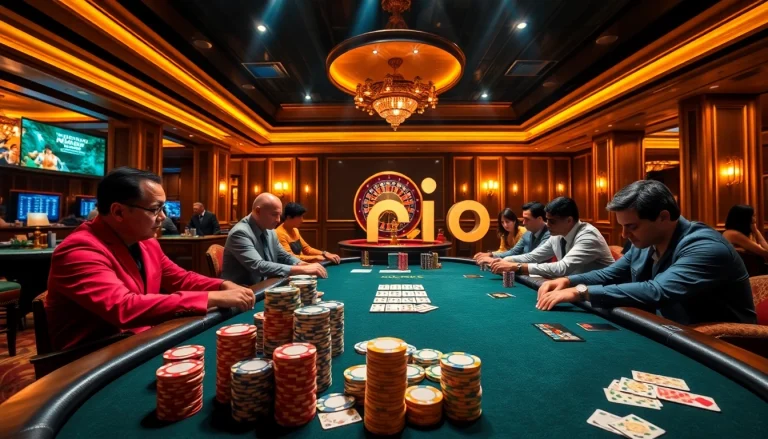 Experience high-stakes action at a Rio-themed poker table with colorful chips and cards.