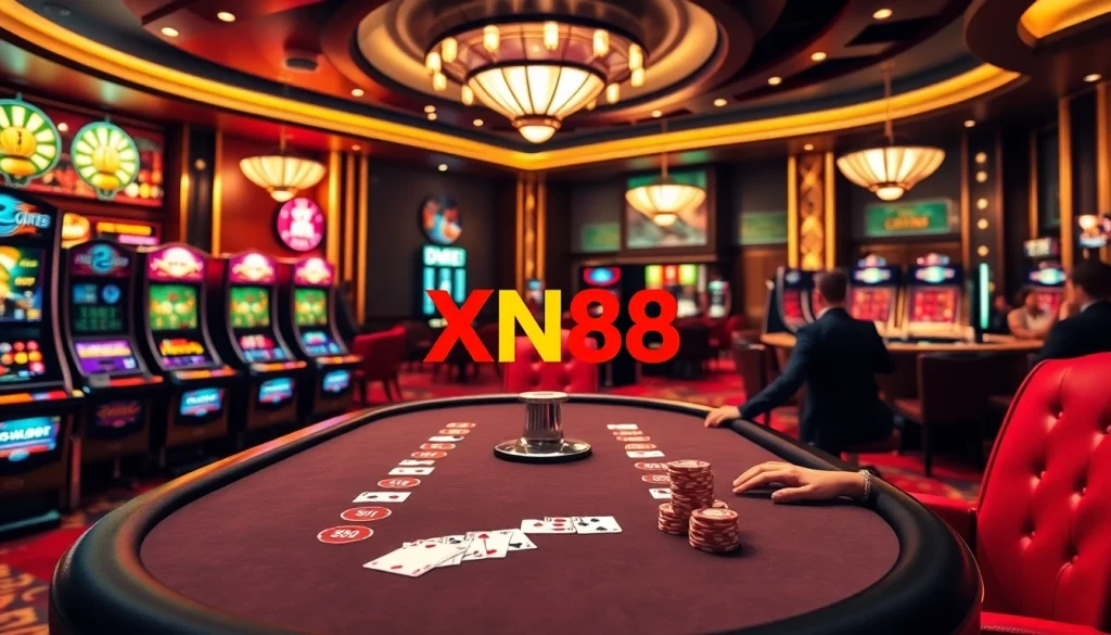 Experience the excitement of XN88 casino gaming with vibrant slot machines and professional poker tables.
