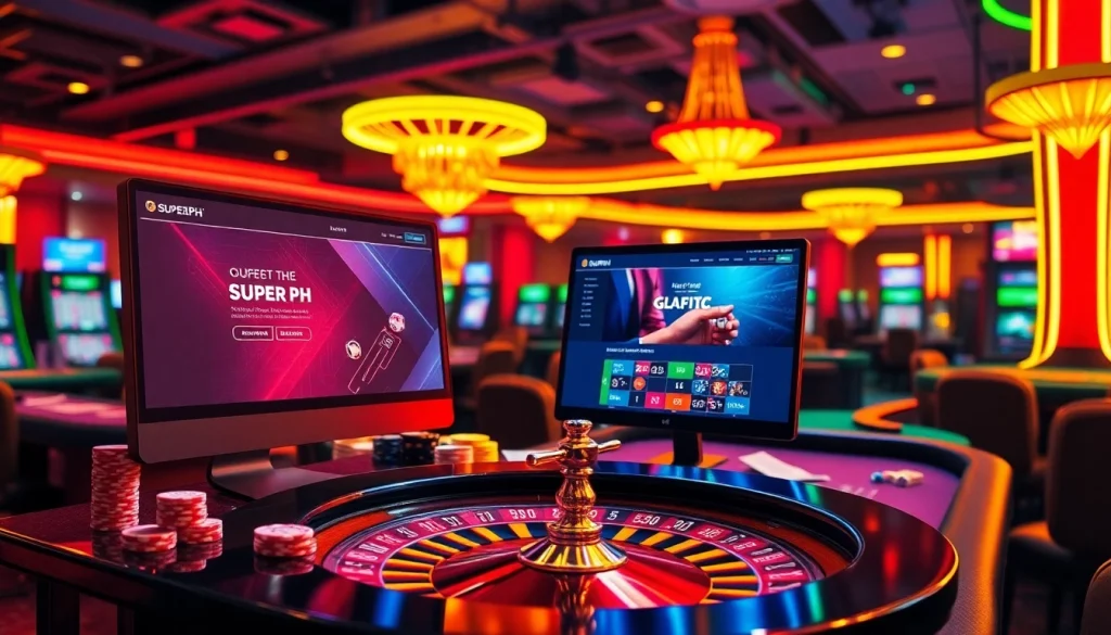 Experience the thrill of online gaming at SuperPH, showcasing vibrant casino elements and engaging players.