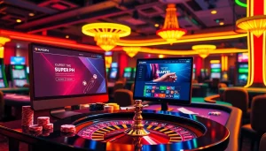 Experience the thrill of online gaming at SuperPH, showcasing vibrant casino elements and engaging players.