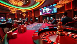 Engaging casino scene showcasing 789f com with poker and roulette action, vibrant decor, and online betting.