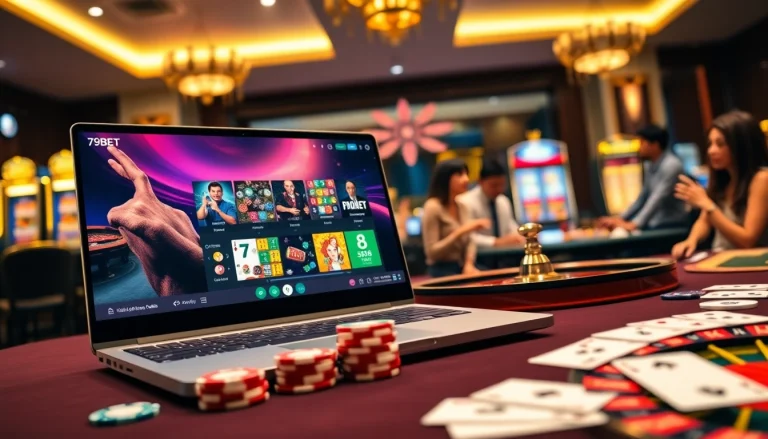 Experience the thrill of 789BET online gaming with vibrant casino visuals featuring poker chips and roulette.