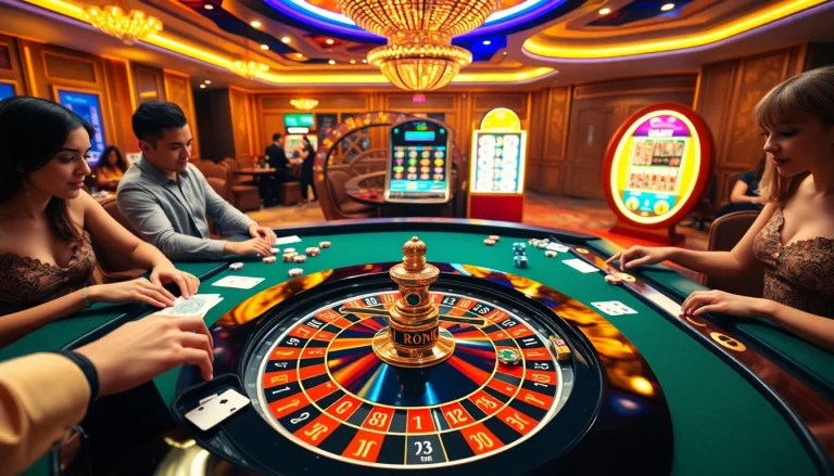 Players experiencing the thrill of MM88 casino games with vibrant chips and roulette.